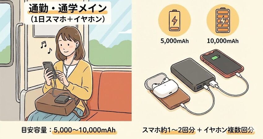 通勤・通学メイン(1日スマホ+イヤホン)目安容量:5,000〜10,000mAh
