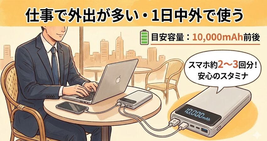 仕事で外出が多い・1日中外で使う。目安容量:10,000mAh前後