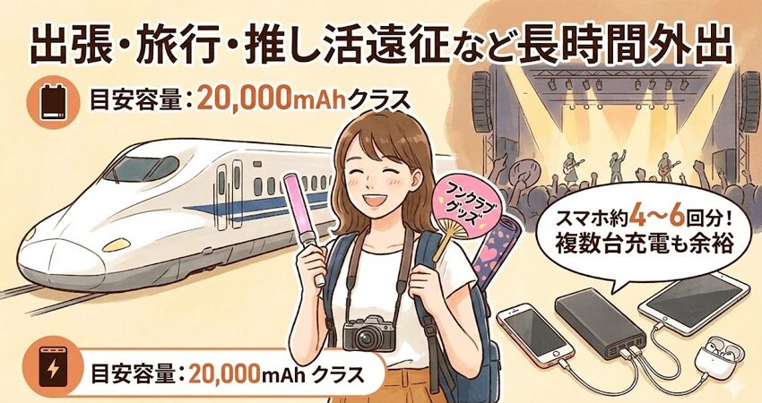出張・旅行・推し活遠征など長時間外出。目安容量:20,000mAhクラス