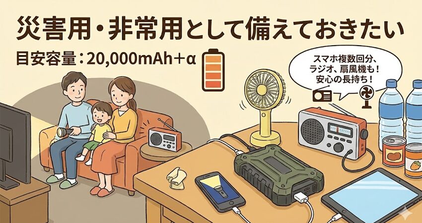 災害用・非常用として備えておきたい。目安容量:20,000mAh+α