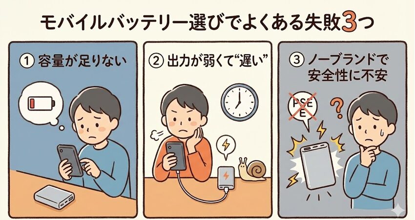 モバイルバッテリー選びでよくある失敗3つ
① 容量が足りない
② 出力が弱くて“遅い”
③ ノーブランドで安全性に不安